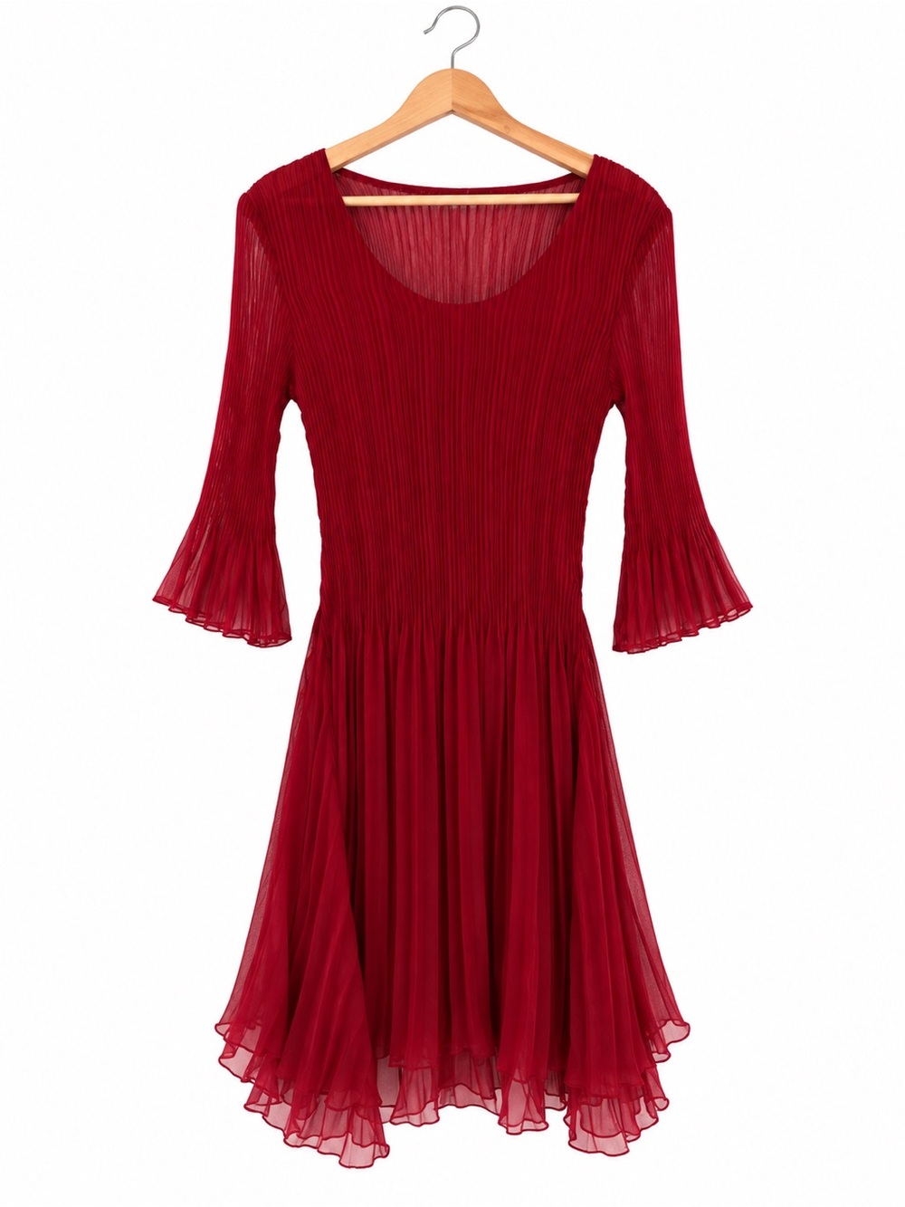 Unbranded Red Pleated Dress Bell Sleeve Ruffle Hem Romantic Cocktail Midi Medium